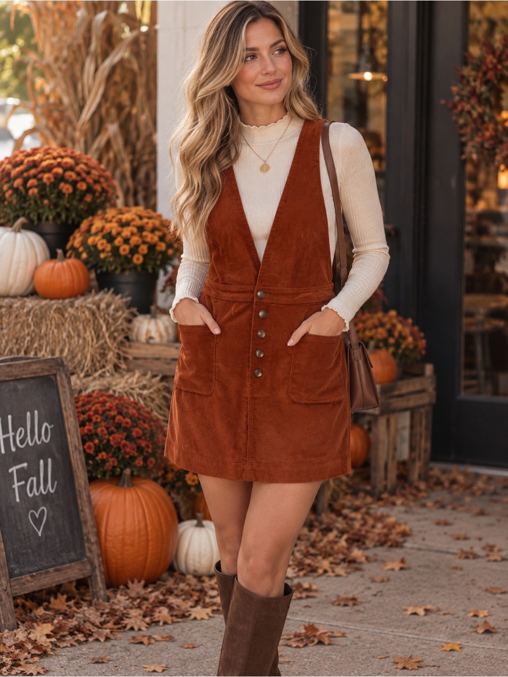 Free People Rust Corduroy Button-Front Pinafore Mini Dress